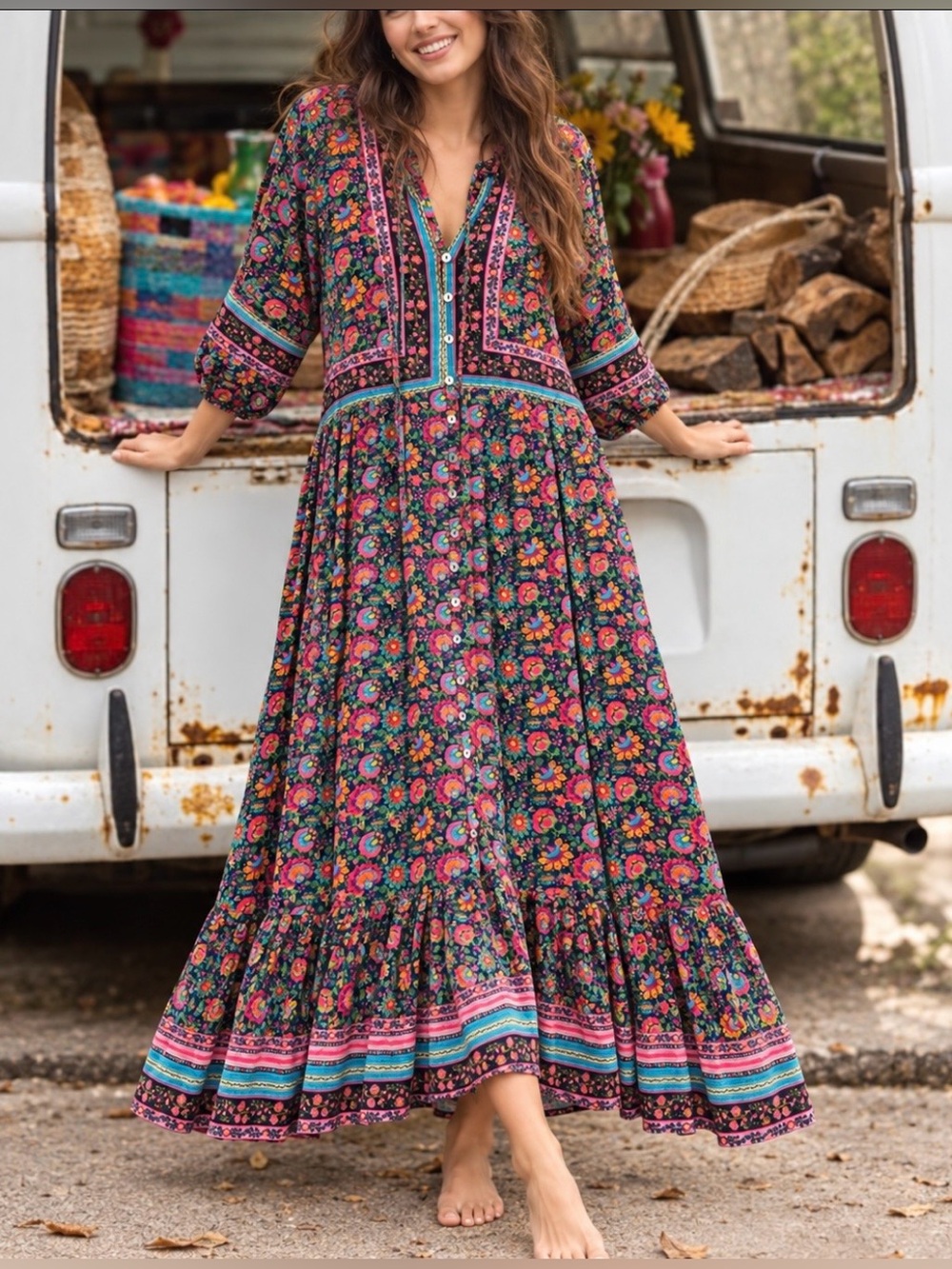Natural Life XL Boho Floral Button Front Maxi Dress Tiered Ruffle Rayon Earthy